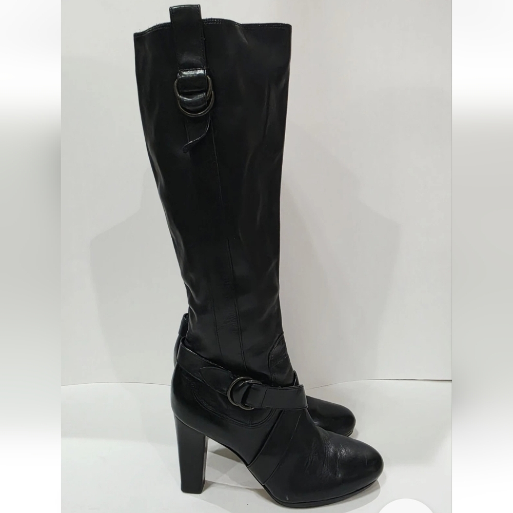Cole Haan BLACK LEATHER Heel Boot Charcoal Buckle Knee High Zipper Air 5 B Used
